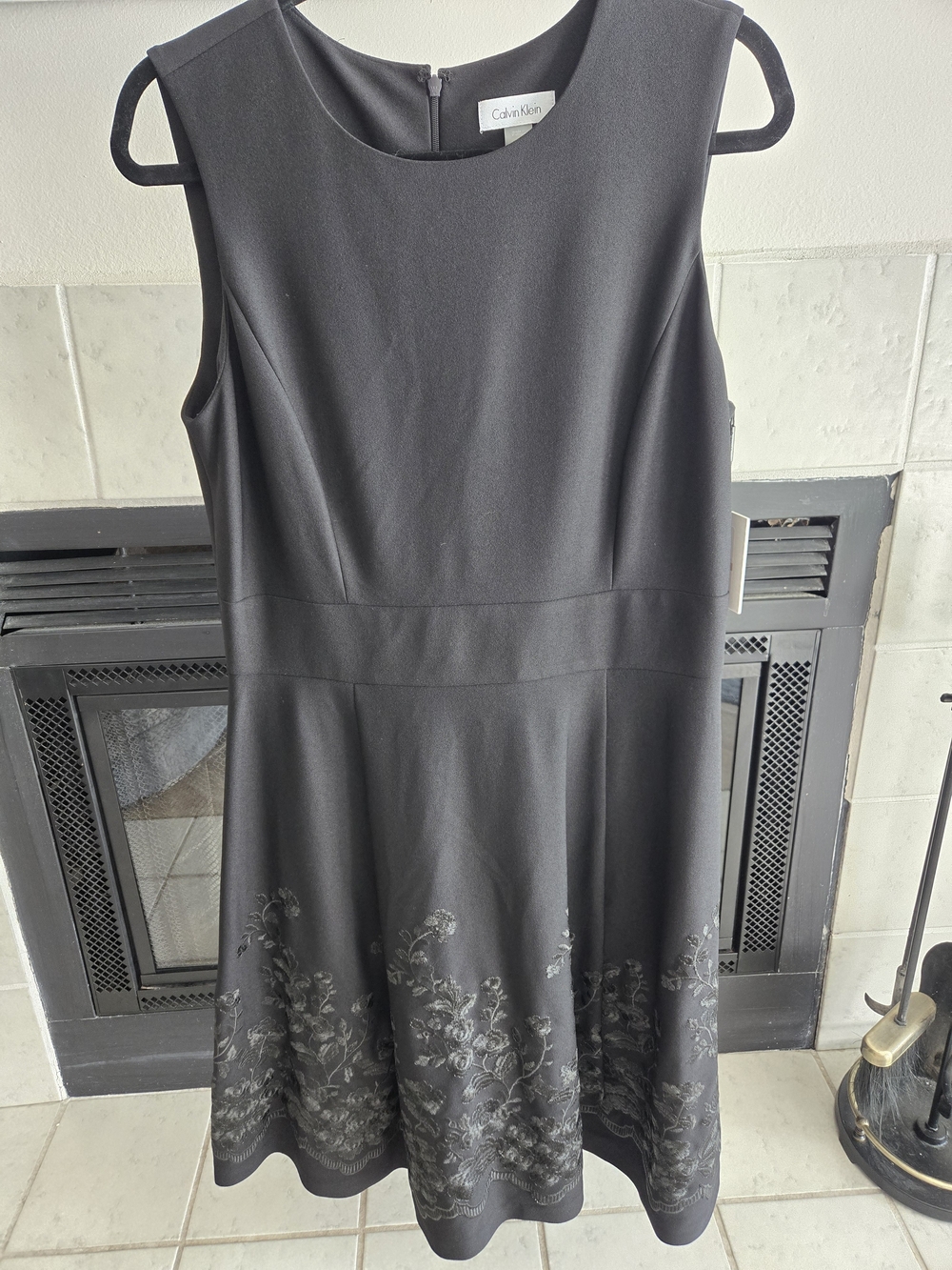 Calvin Klein Black Sleeveless A-Line Dress with Embroidered Hem Detail